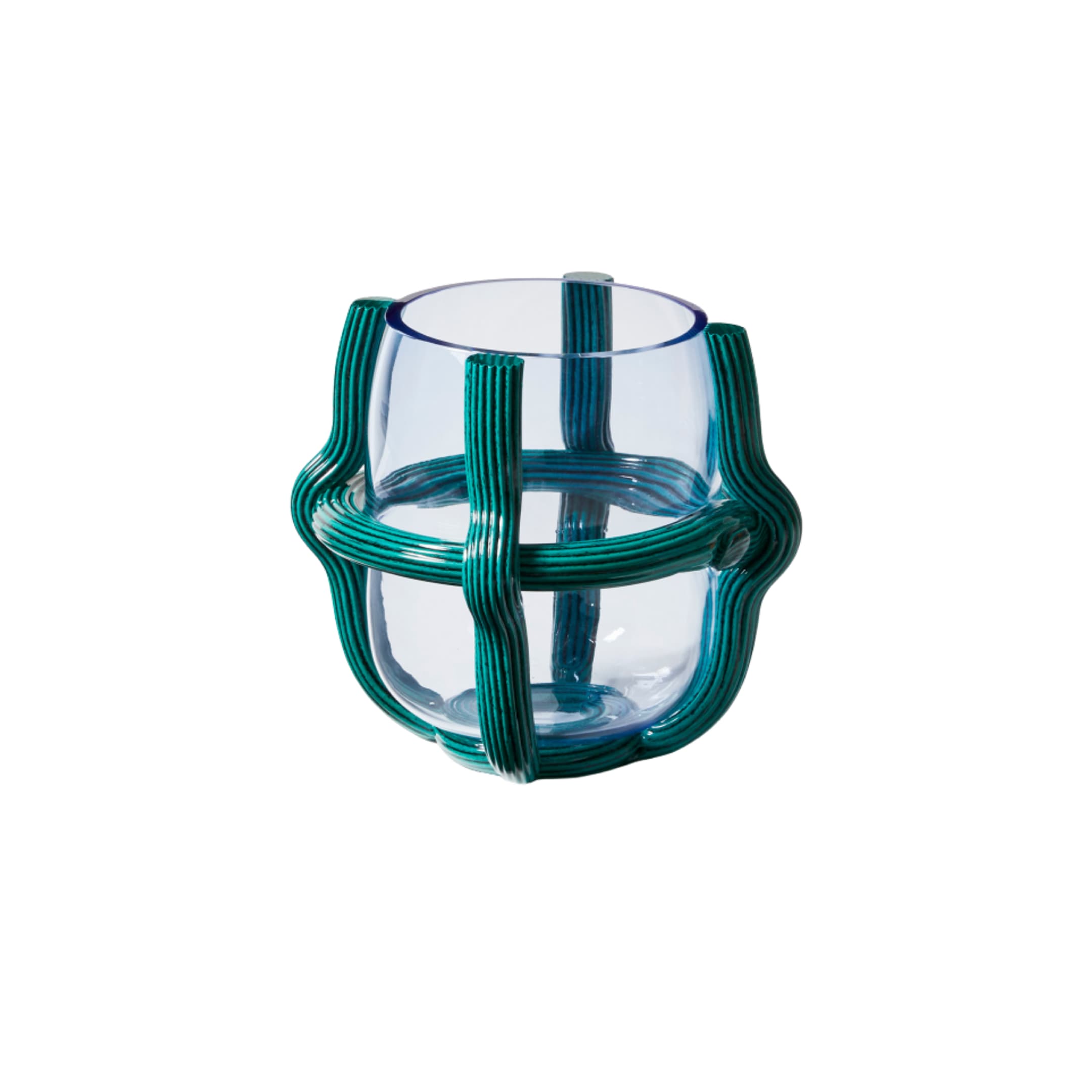 Bình thủy tinh SESTIERE, DI270 x H260 mm, Thủy tinh Murano, thân xanh dương nhạt, dây xanh lá petrol/đen.